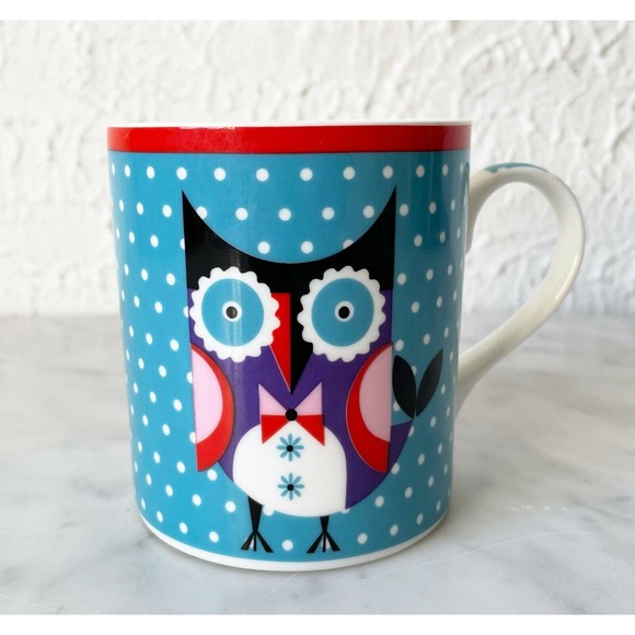 Clicks Owl Mug - Blue Polka Dots Red Purple Pink Owl Fine Bone China Coffee Cup - Picture 3 of 6